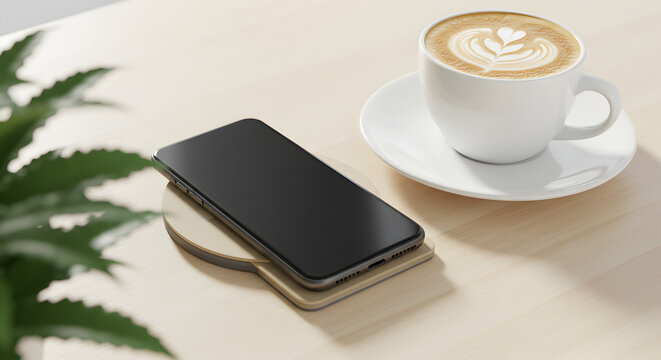 Smartphone Charging Wirelessly Near Latte Art on Wooden Table in Bright Daylight Creates Warm Minimalist Indoor Scene