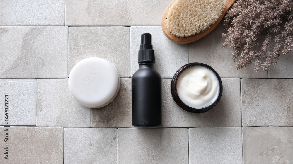 Poster skin hydration set displayed on ceramic tile with blurred top, showcasing skincare routine essential