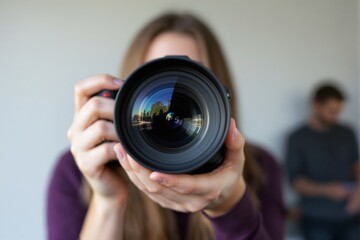 Close-up of a photographer holding a professional camera with lens reflection.