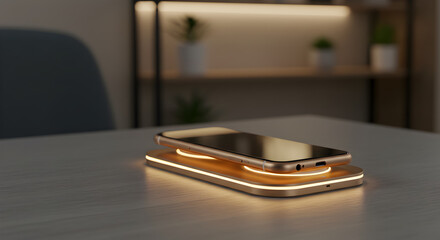 Smartphone Charging Wirelessly on Golden Pad on Grey Table with Blurred Shelf in the Background Creates a Warm Ambient Lighting