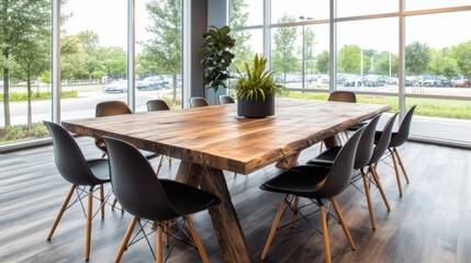 Fototapeta premium Modern conference room with large wooden table ten black chairs and floor to ceiling overlooking parking lot and green trees du daytime