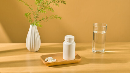A medicine bottle with a few white pills placed on a wooden tray, displayed on a brown table. A glass of water is placed ready for the patient. Ivy branches are placed in a porcelain vase.