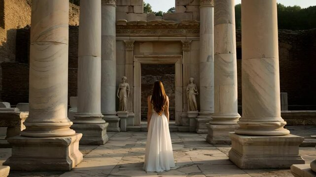 A woman in a flowing white gown stands with her back to the viewer, gazing into the marble colonnade of an ancient temple.