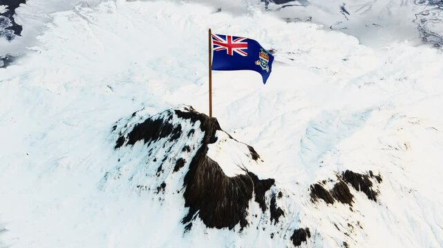 Dynamic 3D animation showcasing the Cayman Islands flag with its Blue Ensign design, Union Jack in the canton, and distinctive coat of arms, fluttering atop a snowy mountain summit, embodying the nati