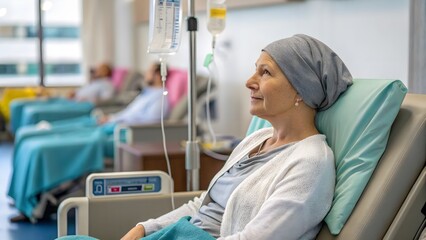 A poignant photograph of a cancer patient receiving chemotherapy treatment in a hospital environment, highlighting the journey of cancer care. Ideal for topics on oncology, patient support.