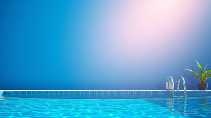 Obraz premium A serene swimming pool scene features a clear blue pool against a vibrant blue wall with a plant and ladder.