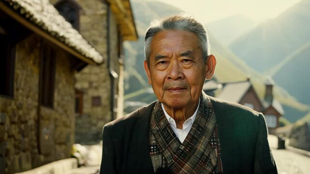 Dolly zoom in video of an elderly asian man in a scottish kilt, walking confidently along a traditional scottish village street, fill light