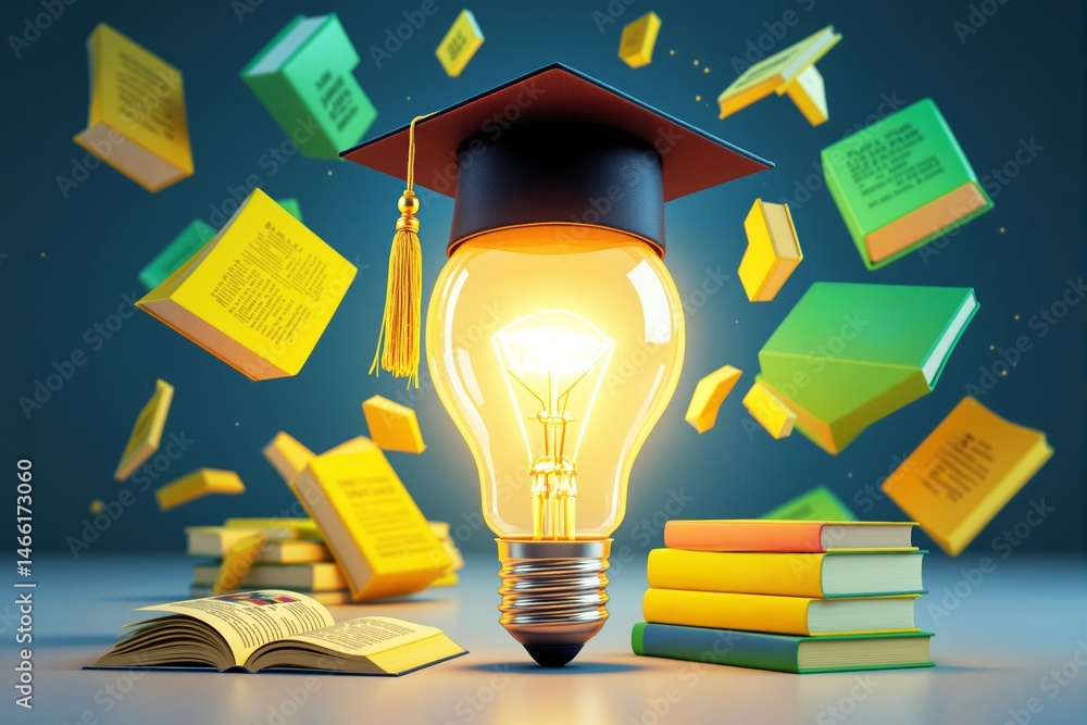 Poster Light bulb with graduation cap surrounded by floating books on abstract background.