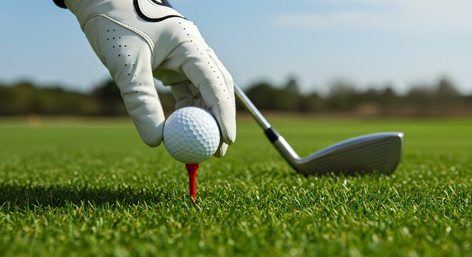 Before the Swing: Golfer's Gloved Hand Carefully Placing a Ball on a Tee.
