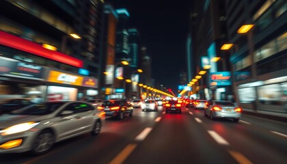 Fototapeta premium Blurred city lights, fast moving vehicles, abstract shapes, dynamic energy, speed, strategy