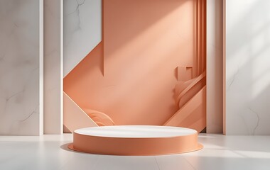 Minimalist orange podium in a modern room, 3D rendering