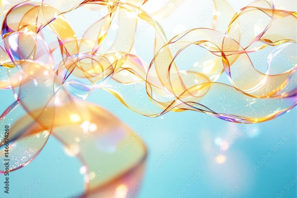 Poster abstract flowing ribbons with glowing particles on a soft blue background.