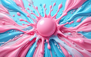 3d illustration of pink and blue splashing paint with sphere.