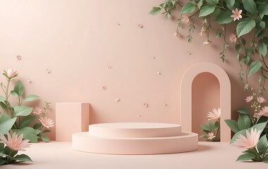 3d render, abstract minimal geometric forms. Fashion show stage,pedestal, shopfront, shopfront with empty round stage. Minimal scene for product presentation 