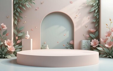 3d render of minimal product display podium with tropical plants and flowers