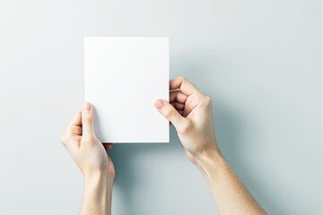 Blank card held by hands on light background.