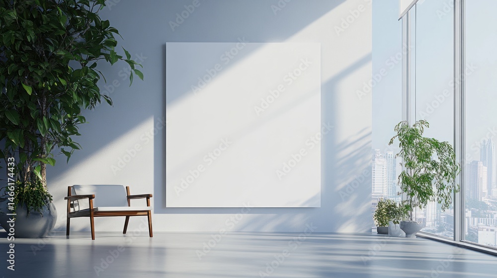 Poster modern minimalist interior showcasing a blank canvas, with plants and a chair. sunlight streams in t