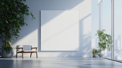 Modern minimalist interior showcasing a blank canvas, with plants and a chair. Sunlight streams in through a large window