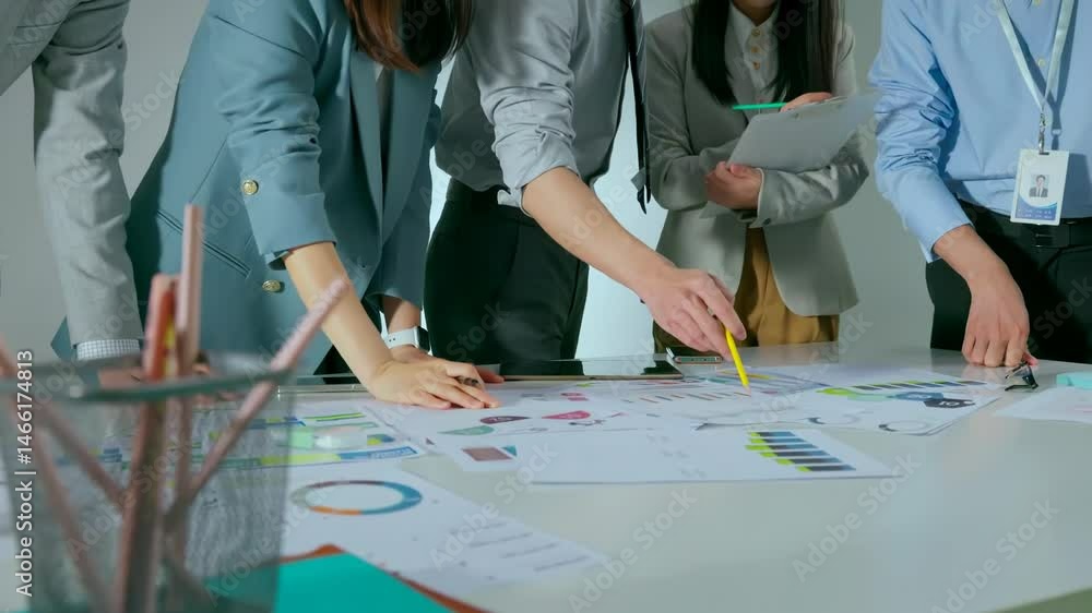Poster collaborative business experts team meeting pointing at graphs and charts to analyze market data. ba