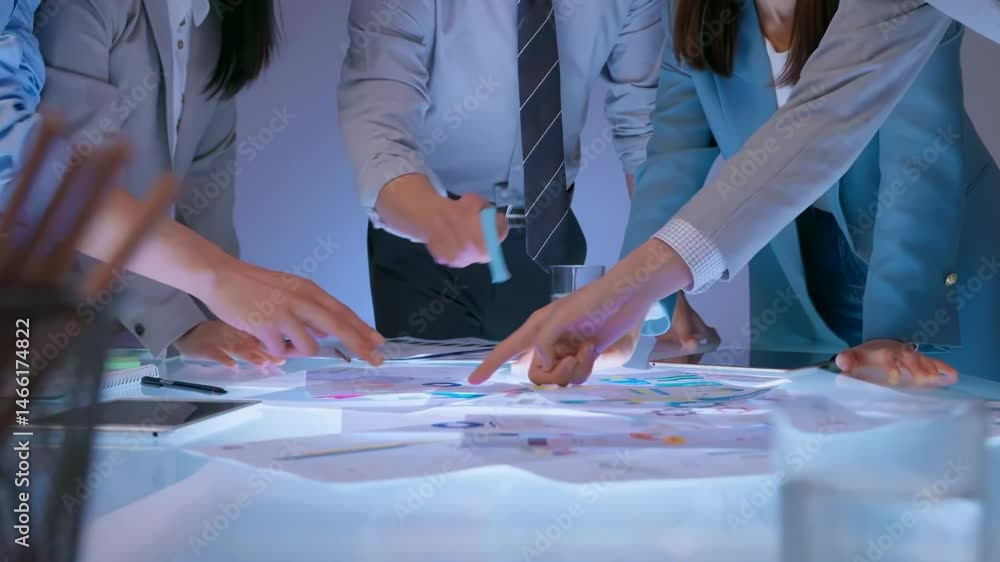 Poster financial analysts strategizing on charts and data during a meeting, discuss bars and graphs, using 