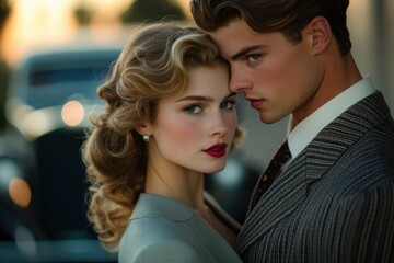 A romantic couple in 1940s attire, close embrace, vintage car background.
