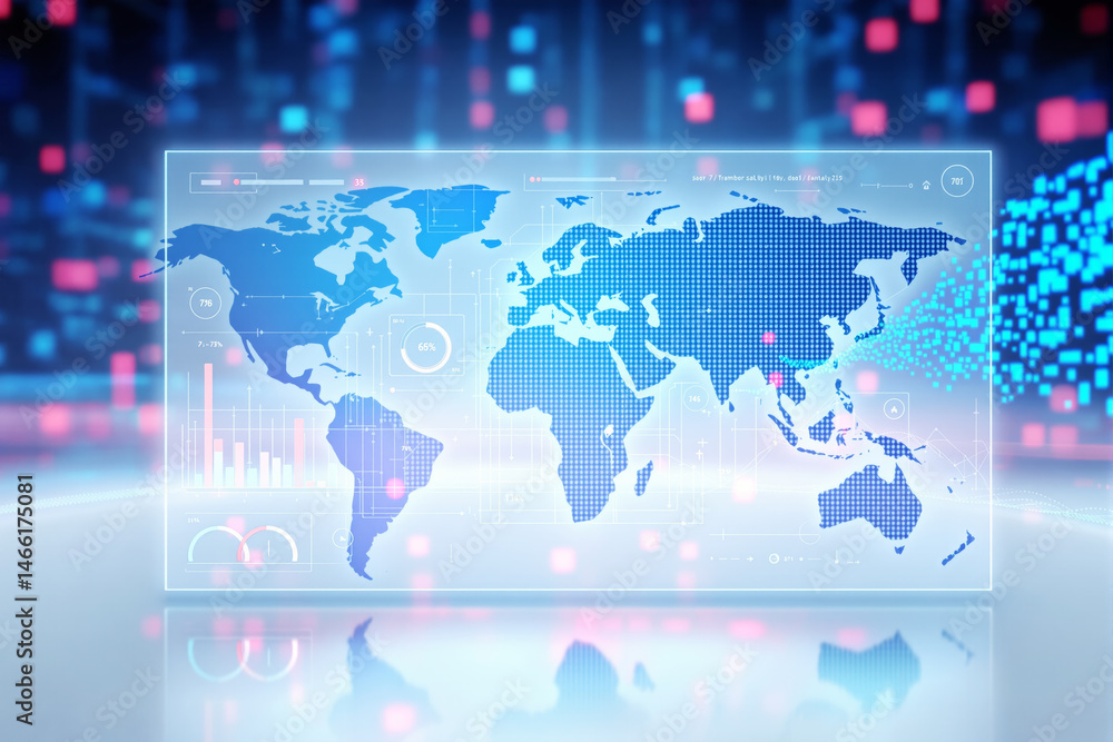 Aufkleber Digital world map with data analytics and futuristic interface.