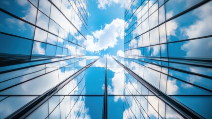 Modern skyscrapers reflecting a vibrant blue sky with clouds