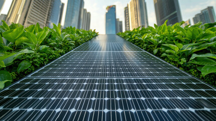 Fototapeta premium Solar Panels Among Green Plants in Urban Setting Under Sky with Skyscrapers in Background