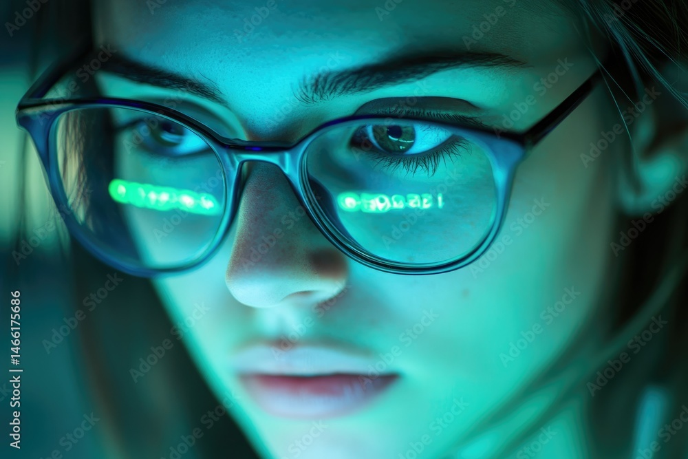 Aufkleber Woman in glasses intensely focused on a computer screen reflecting green code.