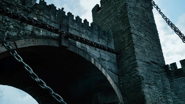Static video of an old castle drawbridge, dramatically lit from the side, emphasizing the heavy chains and weathered wood