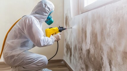 Mold remediation specialist cleaning a wall