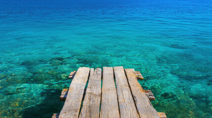 Fototapeta premium Wooden Dock Over Crystal Clear Turquoise Water in Tropical Paradise Setting