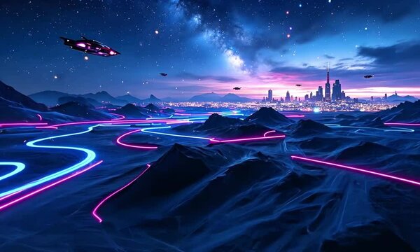 Cyberpunk City with Neon Trails and Flying Ships in a video