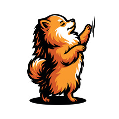 Stylized orange fluffy dog standing on hind legs, playfully reaching with one paw.