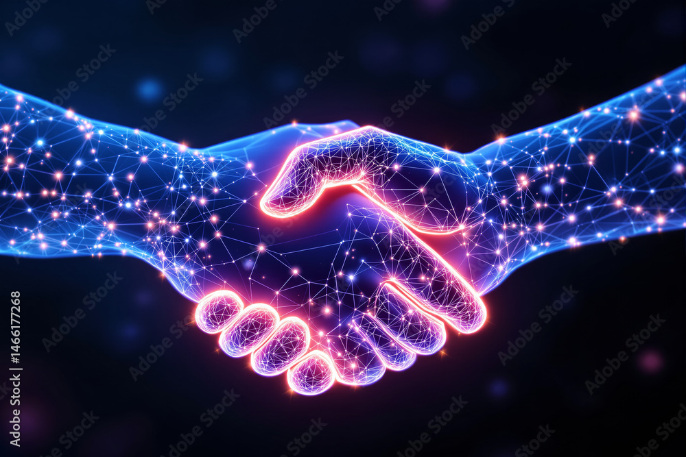 Poster abstract digital handshake with glowing network connections on dark background.