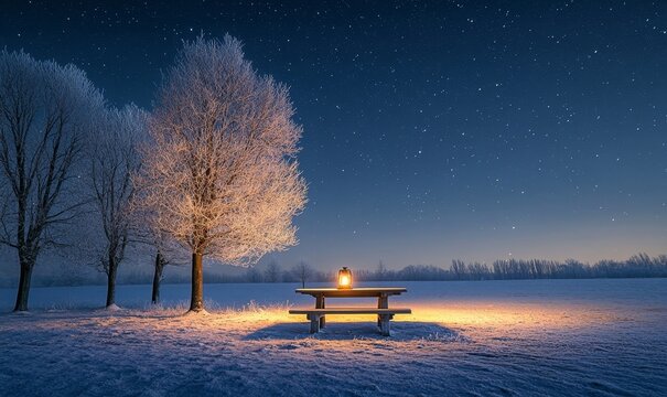 peaceful snowy field under a clear starry sky, with a single lantern glowing on a wooden bench surrounded by frosted trees, Generative AI