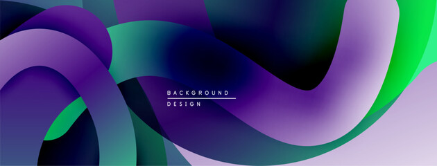 Abstract fluid shapes, vibrant colors blend. Modern design, smooth gradients create dynamic background. Purple, green hues dominate composition.