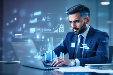 Businessman analyzing financial data on laptop in modern office with holographic graphs and security icons in blue light background.