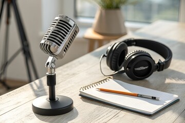 Professional Podcast Setup with Microphone, Headphones, and Creative Workspace