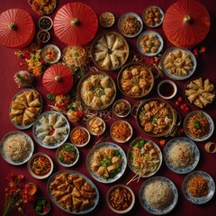 "A Chinese New Year family feast scene with traditional Asian food including dumplings, rice, chow mein, spring rolls, and various festive dishes arranged on a table. Family members are joyfully gathe