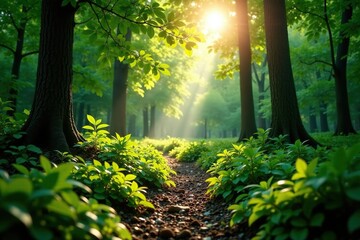 Obraz premium Sun-dappled forest floor, lush green undergrowth, light, green