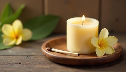 Fototapeta premium Creamy vanilla-scented candle and matches on wooden tray, comfort, calm, fragrance