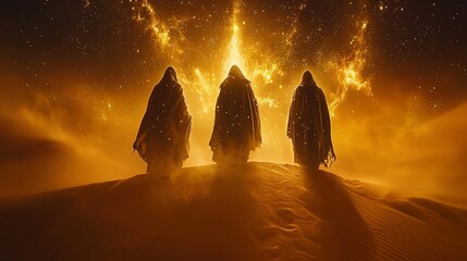 Mysterious figures stand on a desert dune, bathed in golden cosmic light