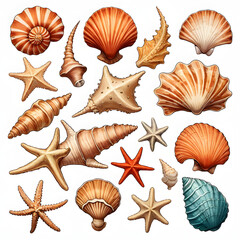 Obraz premium Collection of various seashells and starfish transparent background ocean beach summer vacation