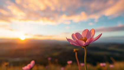 Fototapeta premium Pink Cosmos Flower Blooming at Sunset with Colorful Sky and Hills