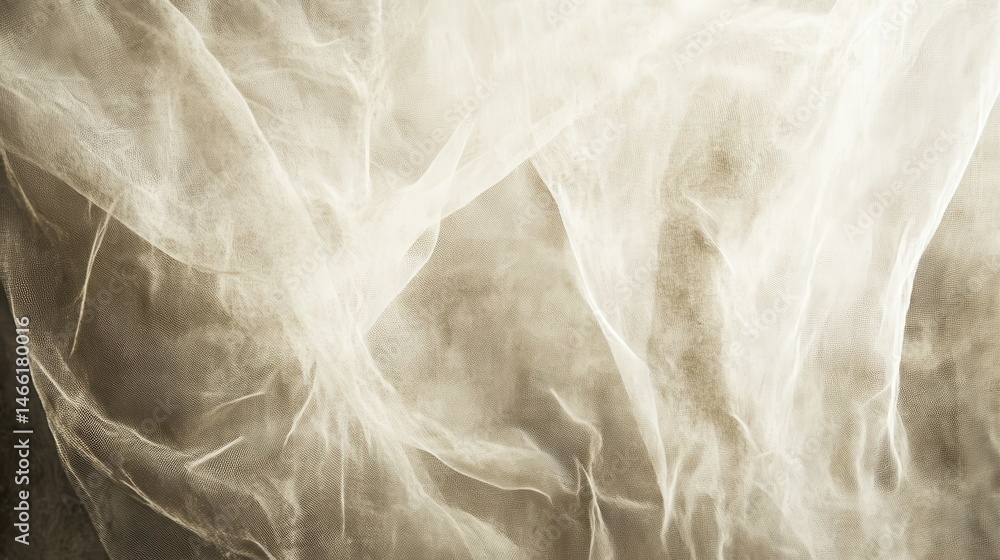 Poster close up view of a sheer white fabric with soft folds and a subtle textured background visible