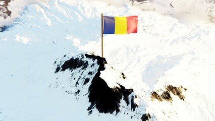3D rendering of the Chadian national flag, featuring three equal vertical bands of blue, yellow, and red, gracefully waving atop a snow-covered mountain peak, symbolizing national pride and resilience