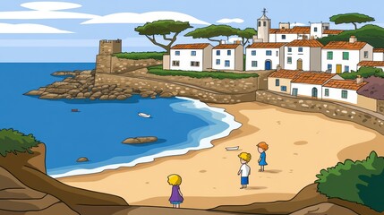 Pixelated coastal scene with charming village and sunny beach perfect for retro gaming or nostalgic travel and seaside adventures
