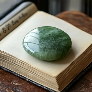 Green Jade Stone on Open Book Pages in Natural Light: Crystal Healing and Minimalist Home Decor Gemstone for Tranquility and Wellness