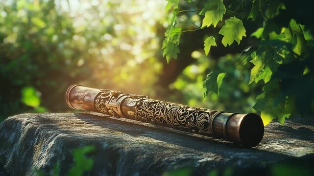 A long, thin object with gold engravings sits on a rock. The object appears to be a musical instrument, possibly a flute or a similar instrument. The scene is set in a lush, green forest